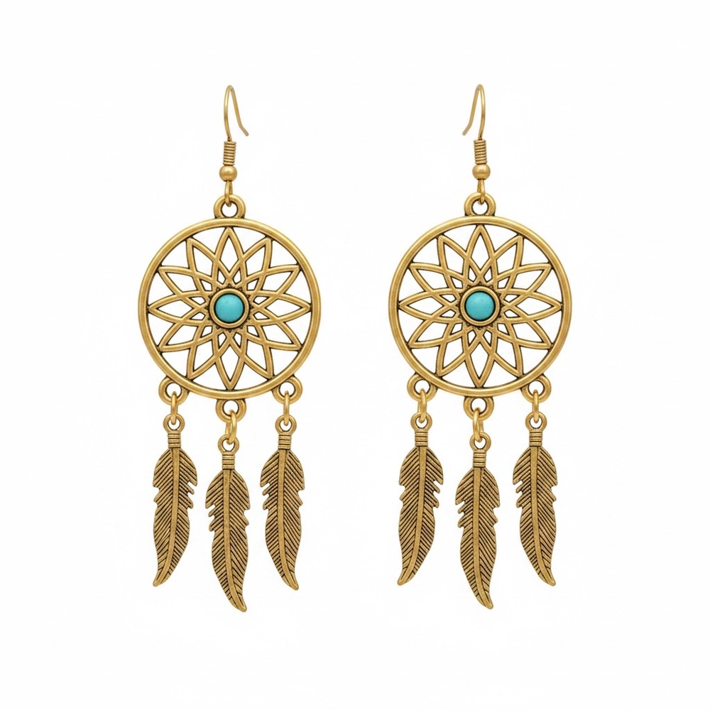 Gold Dreamcatcher Feather Drop Earrings with Turquoise Accent NWOT